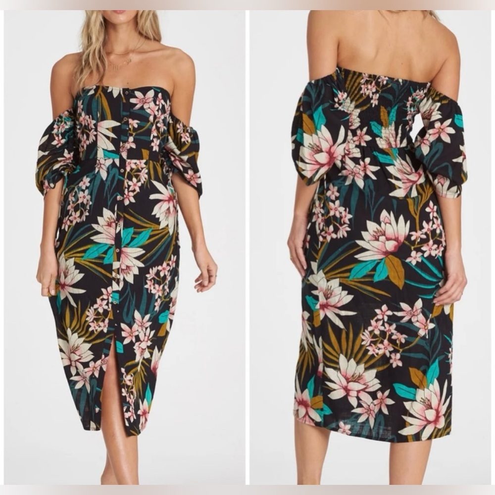 Billabong Black Floral Off-Shoulder Midi Dress